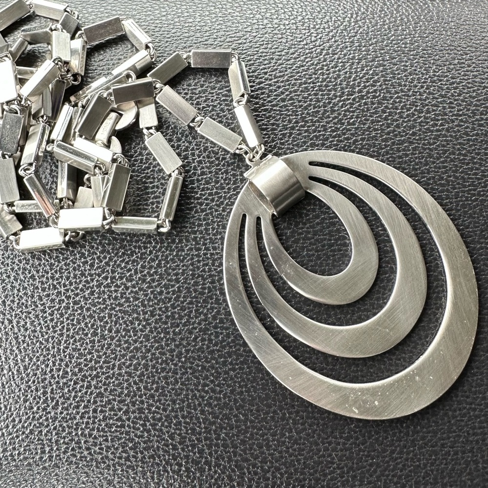 VTG Monet Tournee Silver Tone Pendant Necklace Book Piece 60’s Modernist 31”